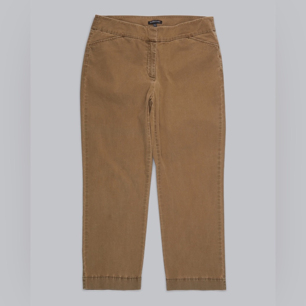 Eileen Fisher Straight Leg Chino Crop Pants Dark Khaki Stretch Cotton Twill